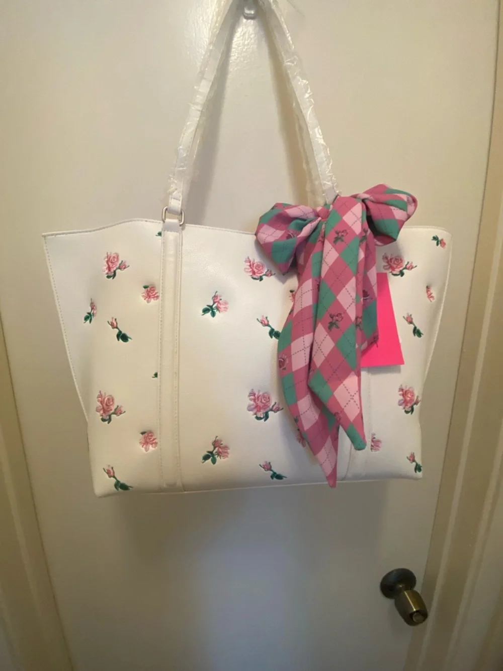 Betsey Johnson White Floral Tote with Pink & Green Scarf Accent - Picture 1 of 8
